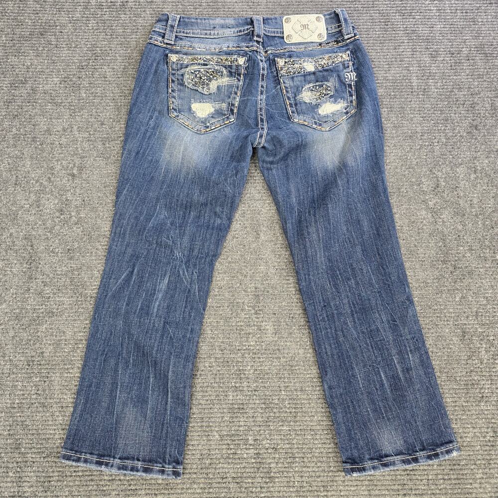 Miss Me Signature Crop Jeans Womens 30 Blue Distressed Rhinestone Y2K